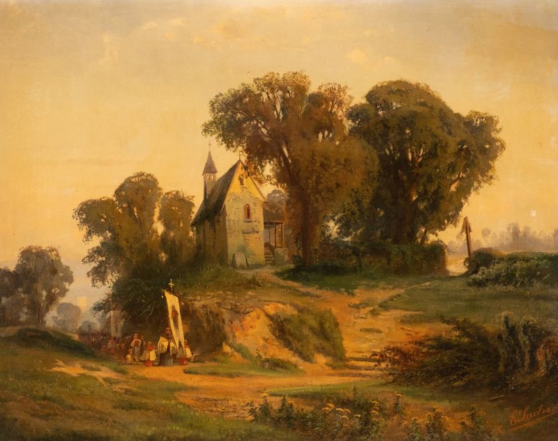A Procissão do Grande Dia de Michael Emil Sachs, retratando uma procissão de aldeões em trajes coloridos.