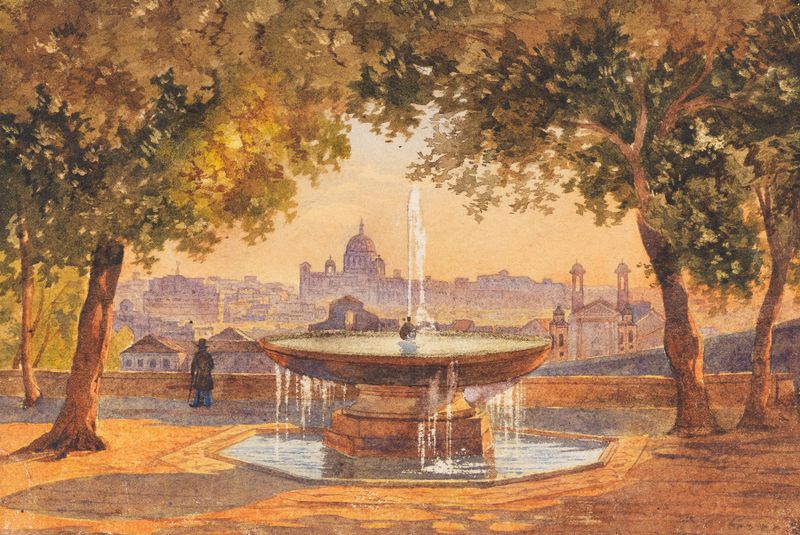 Landscape oil painting by Salomon Corrodi depicting a fountain in Rome.