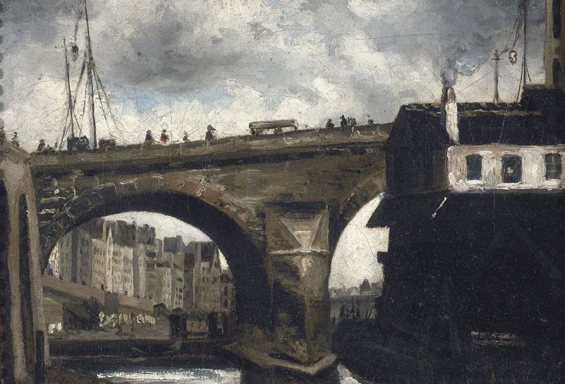 Pintura a óleo de Louis-Godefroy Jadin apresentando uma ponte e um rio sob a luz do sol.