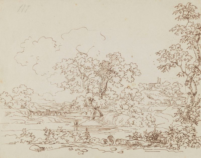Paisagem com um rio, ponte de pedra e edifício clássico de Arthur Blaschnik, óleo sobre tela