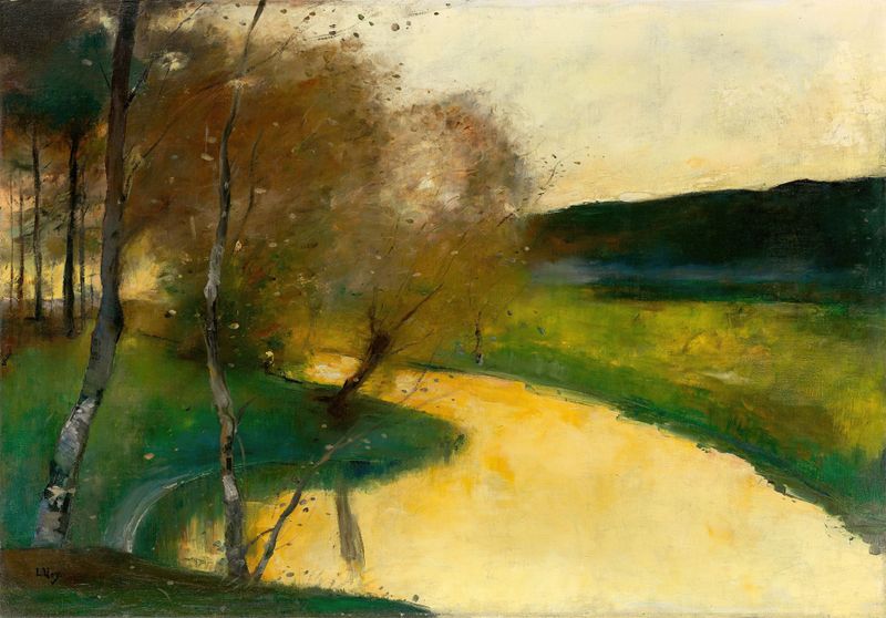 Paisaje fluvial de otoño al atardecer, pintura al óleo de Lesser Ury