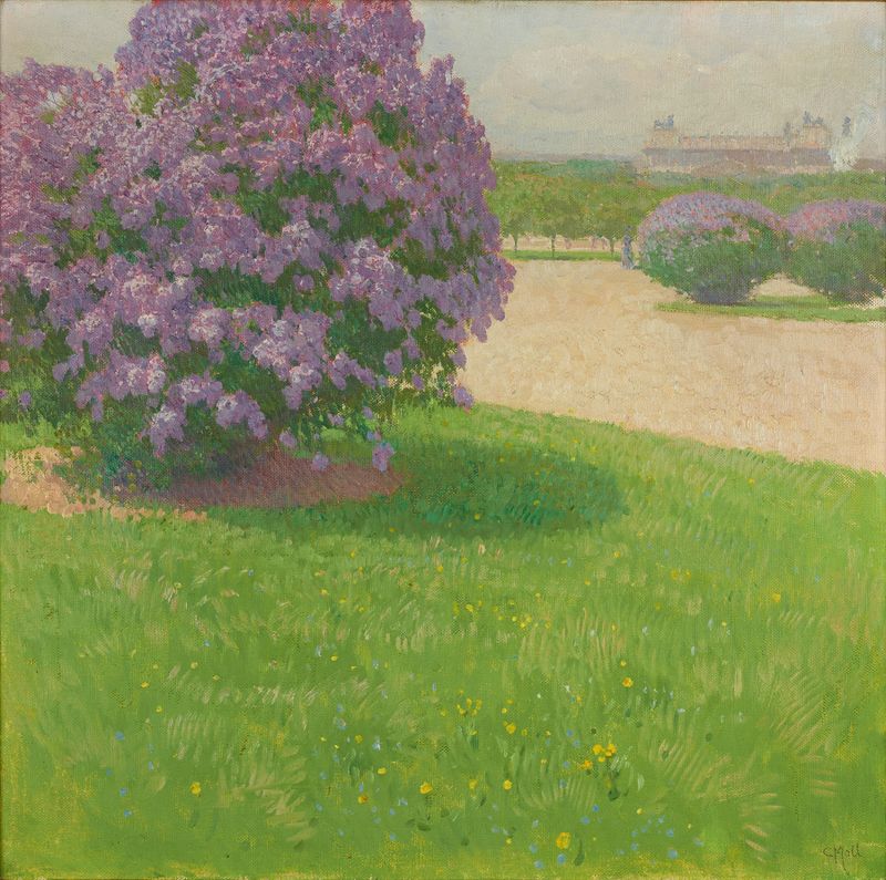 Heldenplatz mit Flieder de Carl Moll, Impresionismo, representando lilas en un jardín.