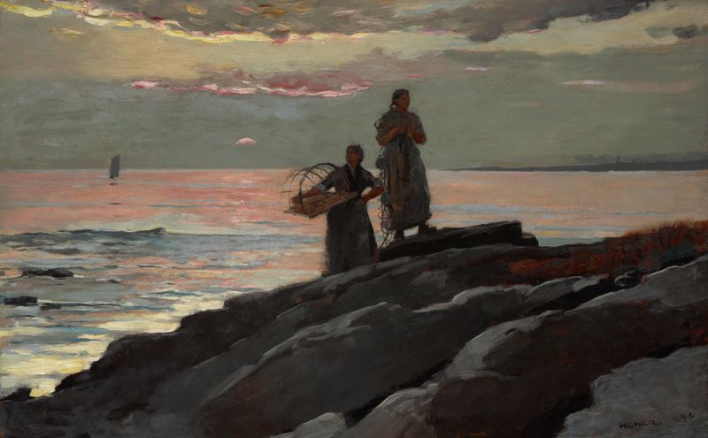 Saco Bay pintura a óleo de Winslow Homer retratando um pôr do sol sobre águas calmas