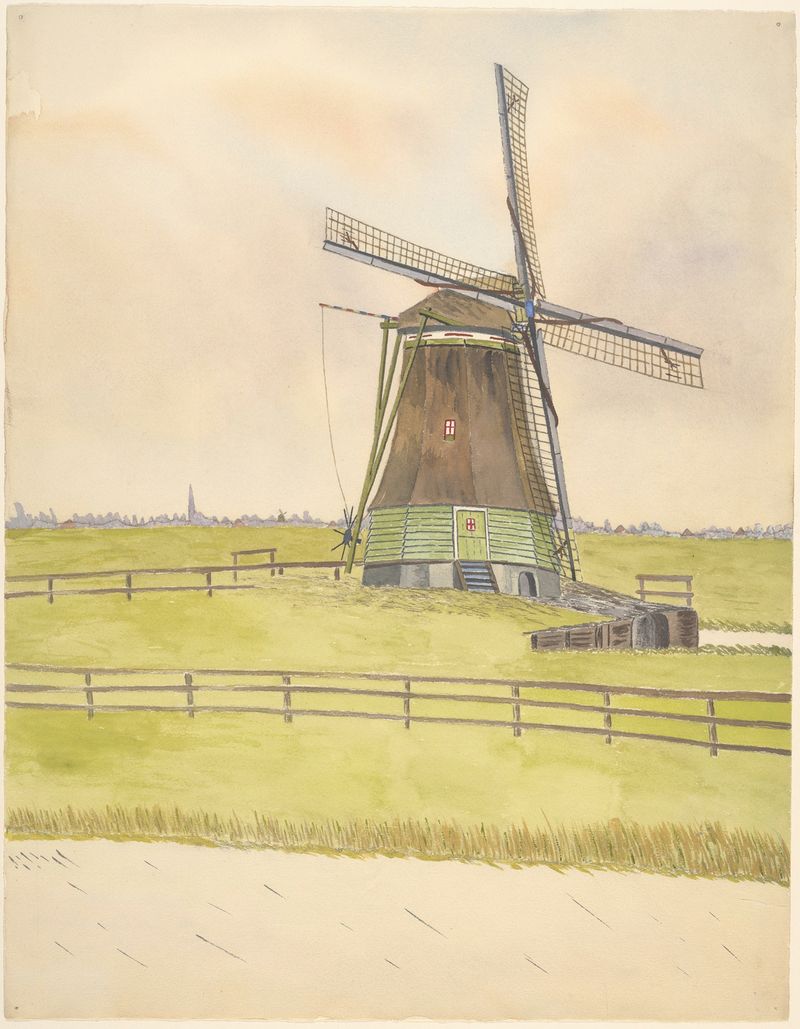 Watermolen De Schaalsmeer, óleo sobre tela de Johannes Nicolaas Eijman, retratando uma paisagem serena com um moinho d'água.