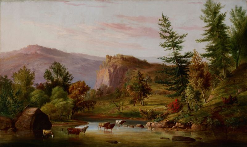 Brook in Summer by Jacob Cox, oil on canvas depicting a serene landscape with shimmering waters and sunlight.