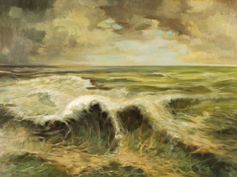 Seascape by Constantin Westchiloff, oil on canvas, depicting dynamic waves and a vibrant sky.