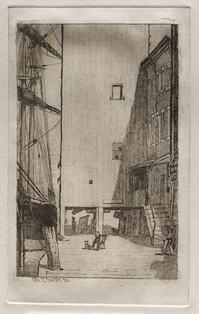 Ship and Elevator de Otto Henry Bacher, aquarela sobre papel mostrando um navio em um oceano tempestuoso.