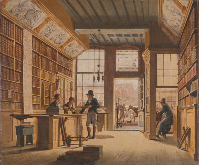 Interior of a bookshop with bookshelves and a printing press, oil painting by Johannes Jelgerhuis