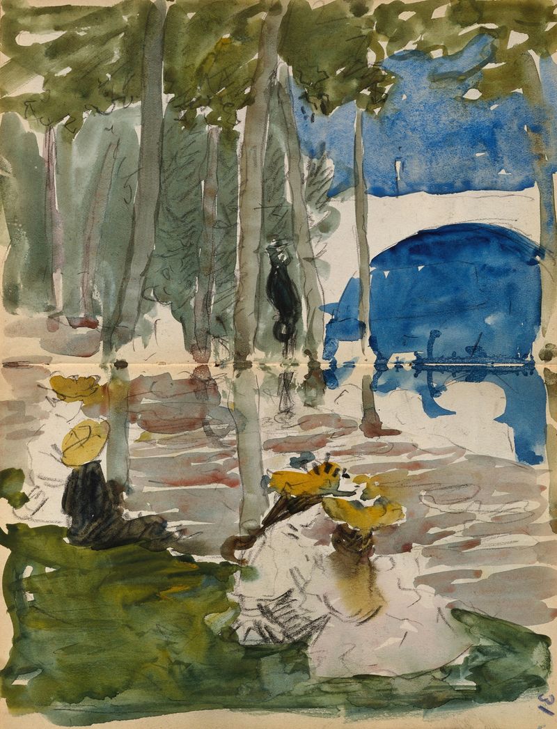 Escena de género con figuras en un parque, pintura al óleo de Maurice Prendergast