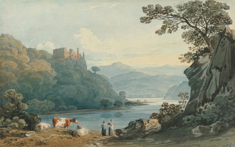 Paisagem de Berry Pomeroy Castle por John Varley, pintura a óleo