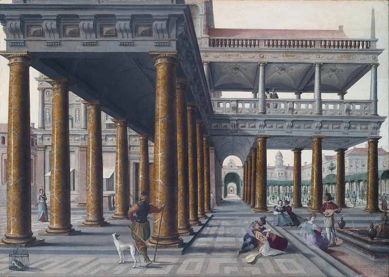 Arquitectura Caprichosa con Figuras de Hans Vredeman de Vries, 1568, pintura al óleo