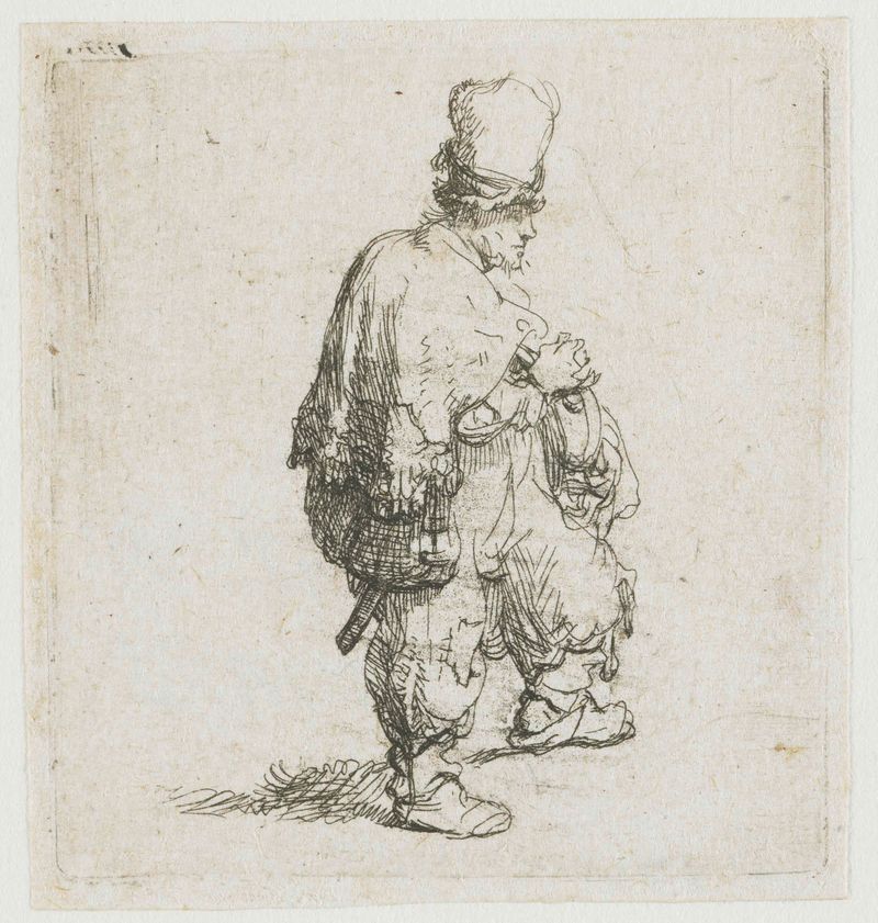 Gravura de Rembrandt van Rijn de um tocador de hurdy-gurdy com uma capa.