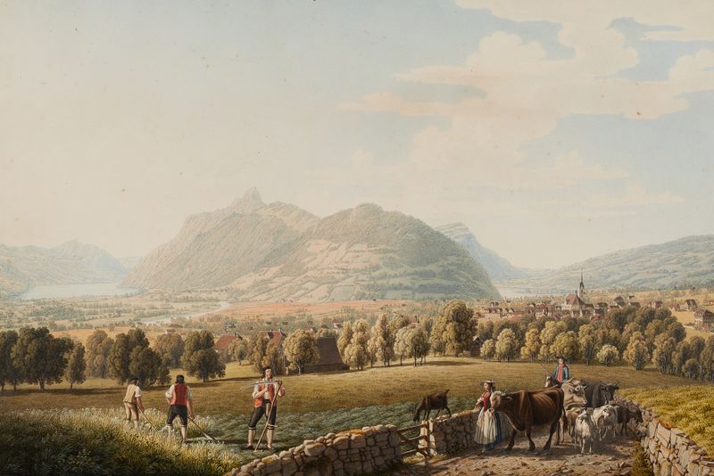 Pintura al óleo de Johann Jakob Biedermann que muestra un pueblo y colinas bajo un cielo nublado.