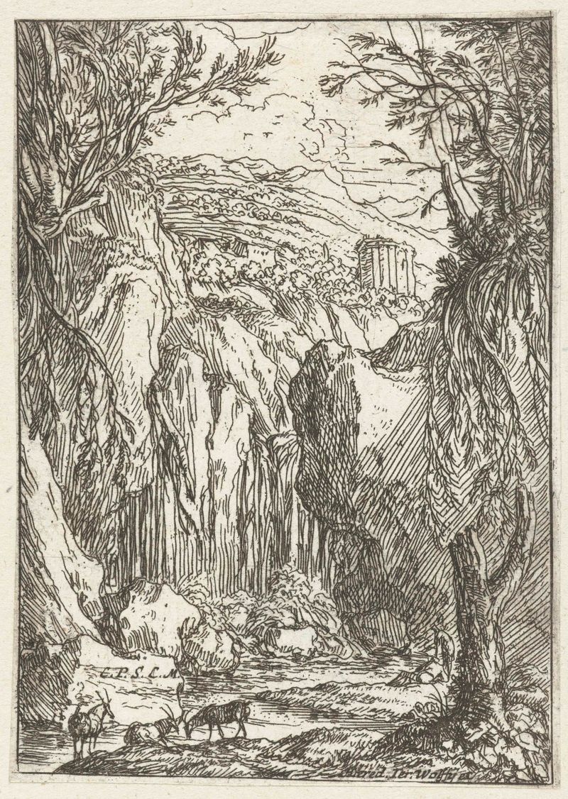 Rotslandschap met antieke tempel de Jonas Umbach, grabado que muestra un templo y ruinas.