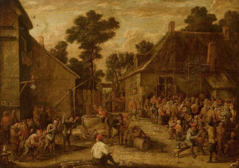 Merry-making in the countryside, oil on canvas by David Teniers the Younger, featuring dancing figures in sunlight.