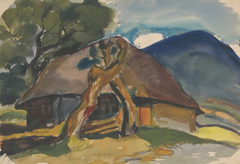 Cottage below the Mountains, oil on canvas by Zolo Palugyay, featuring a cottage nestled under mountains.
