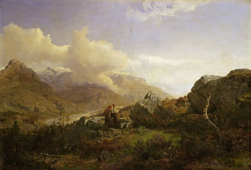 Norwegian Highlands óleo de Hans Gude que representa montañas y bosque