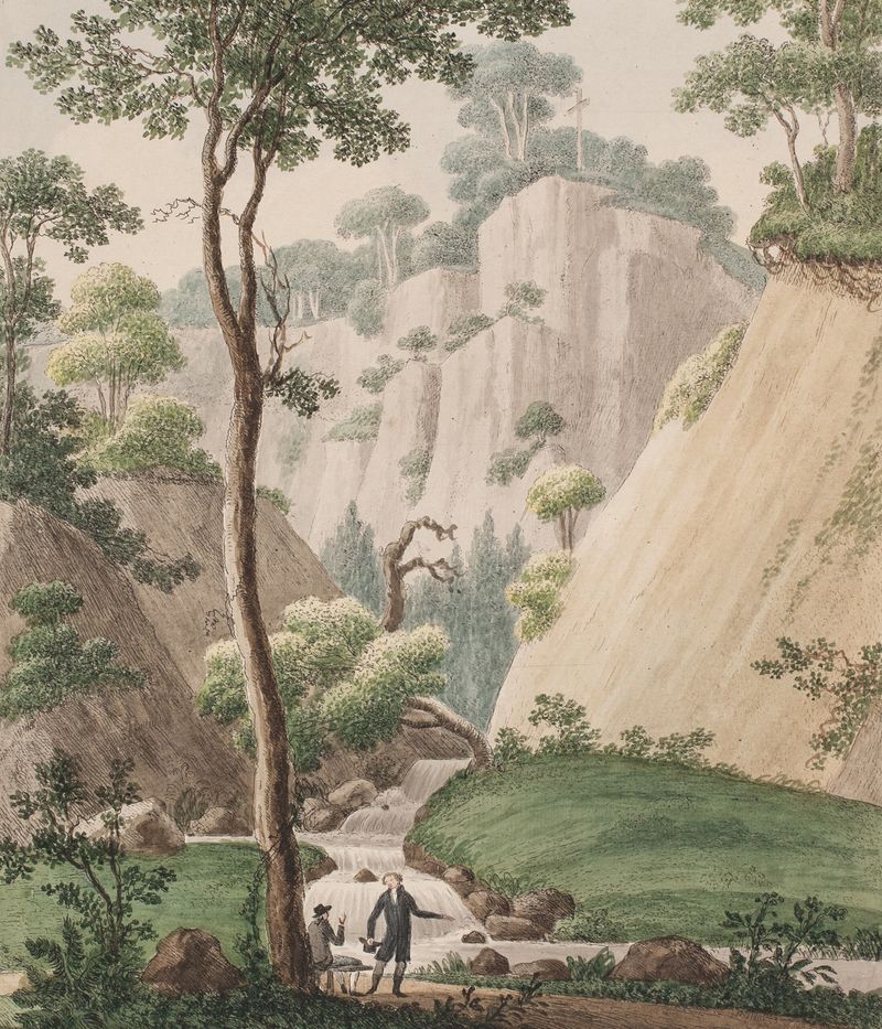 Landscape oil painting by Søren L. Lange depicting a serene view with soft greens and deep blues.