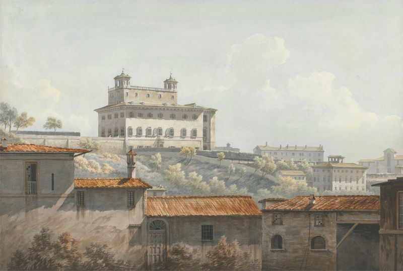 La Villa Medici, Roma de John Warwick Smith, pintura al óleo que representa una villa al atardecer.