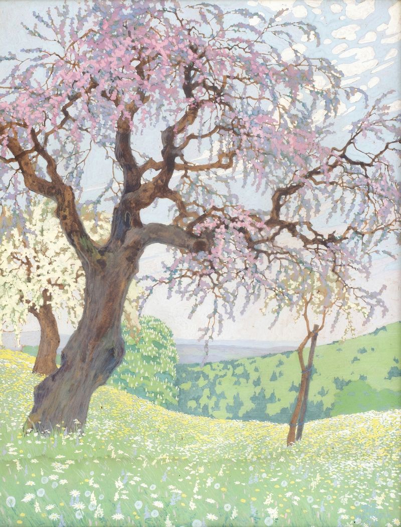 Cena floral em óleo sobre tela de Ernst Dorn, retratando flores de primavera e luz suave.