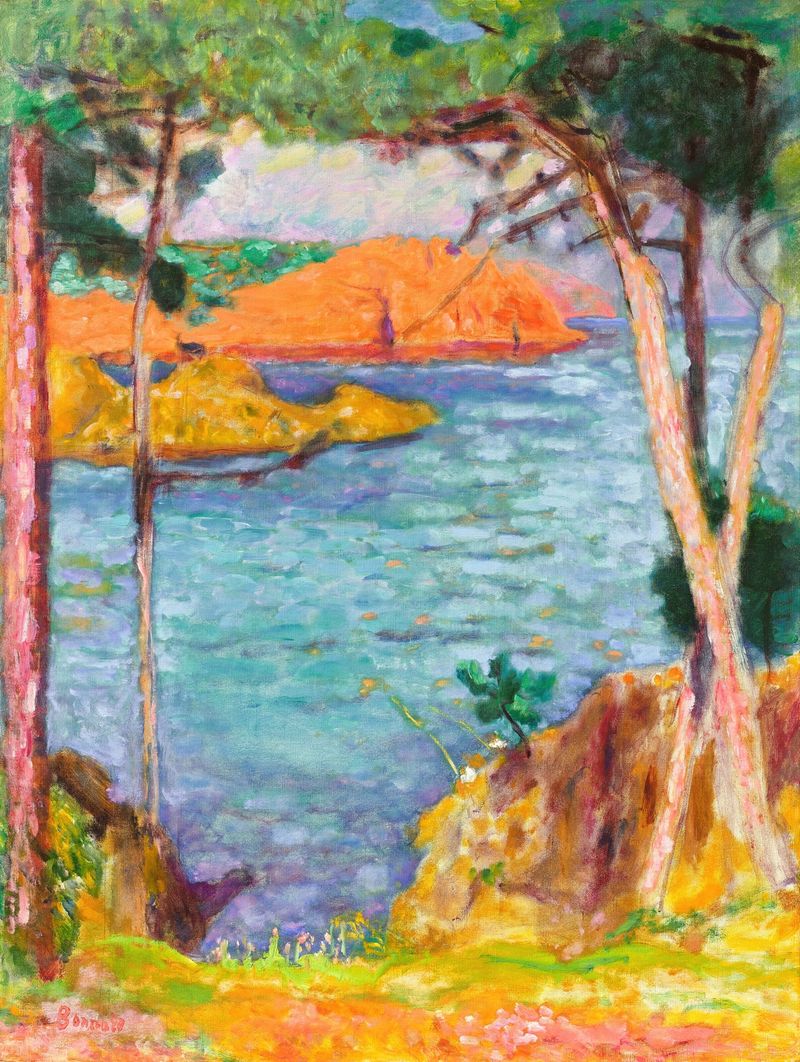 Landscape with pine trees and red rocks, oil painting by Pierre Bonnard