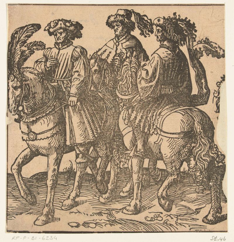 Escena histórica con tres jinetes en coloridos trajes, papel de Jacob Cornelisz van Oostsanen