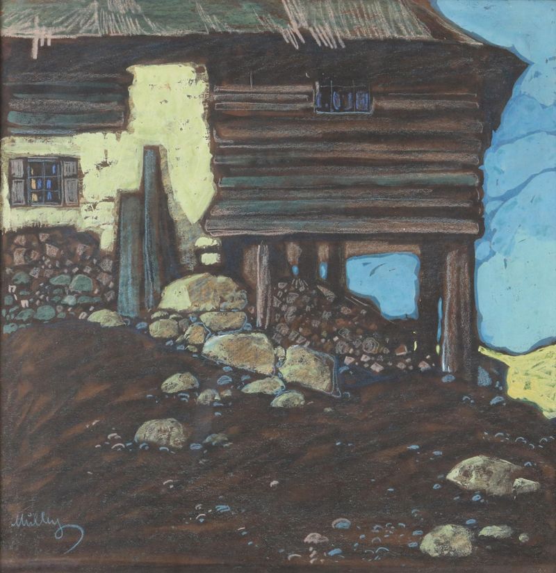 Bergbauernhof Pastell by Oskar Mulley, impressionist landscape artwork