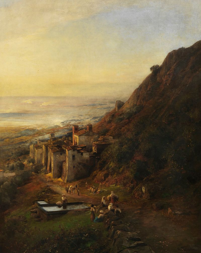 Landschaft an der Amalfiküste by Albert Flamm, oil on canvas depicting hills and sea.