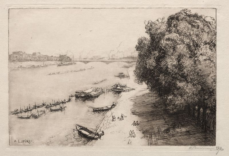 La Seine au Pont Nationale grabado de Auguste Louis Lepère que representa un río con reflejos al atardecer