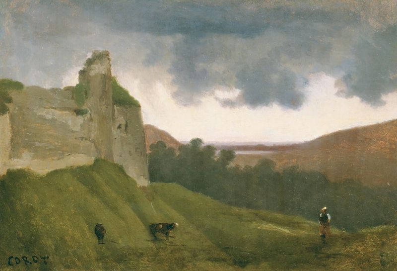 Pintura al óleo de Jean-Baptiste-Camille Corot que muestra ruinas y vegetación exuberante