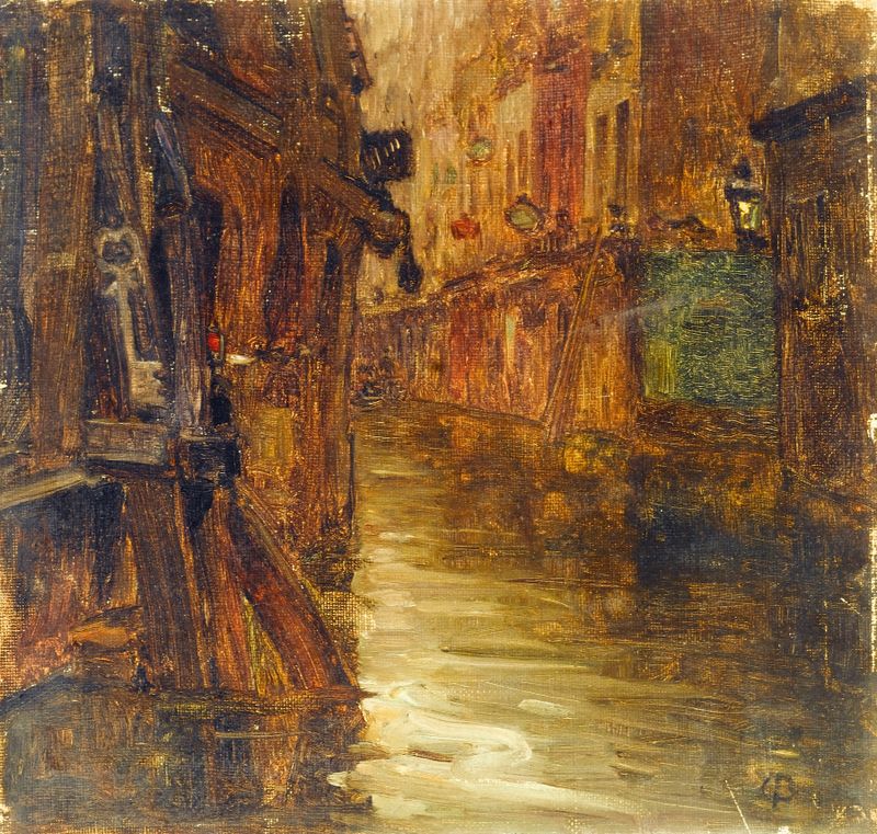Flooded La rue de Bièvre, oil on canvas by Germain Eugène Bonneton