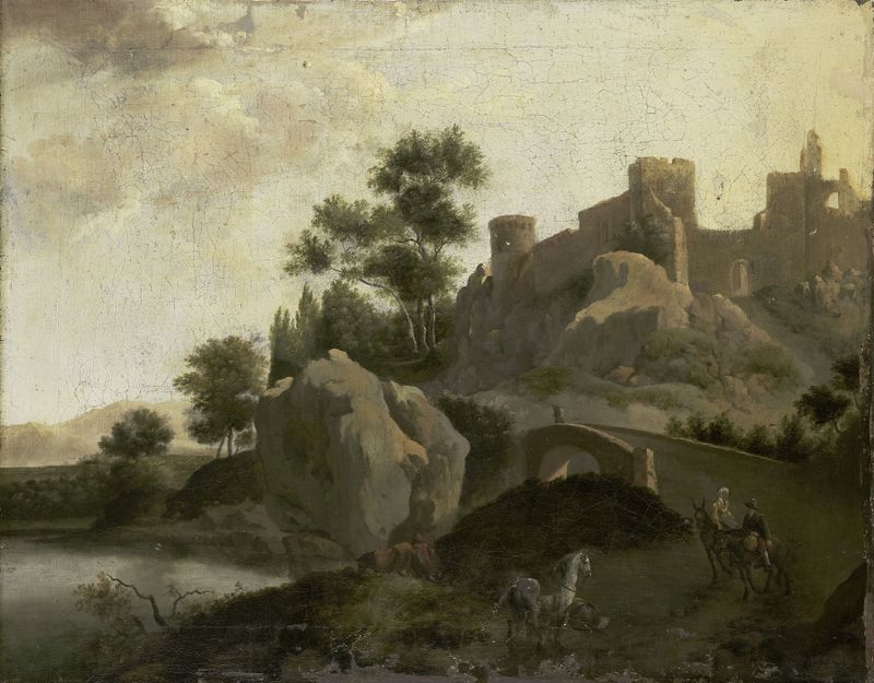 Italian Landscape de J.G. Schieblius, óleo sobre tela mostrando ciprestes e um céu crepuscular.