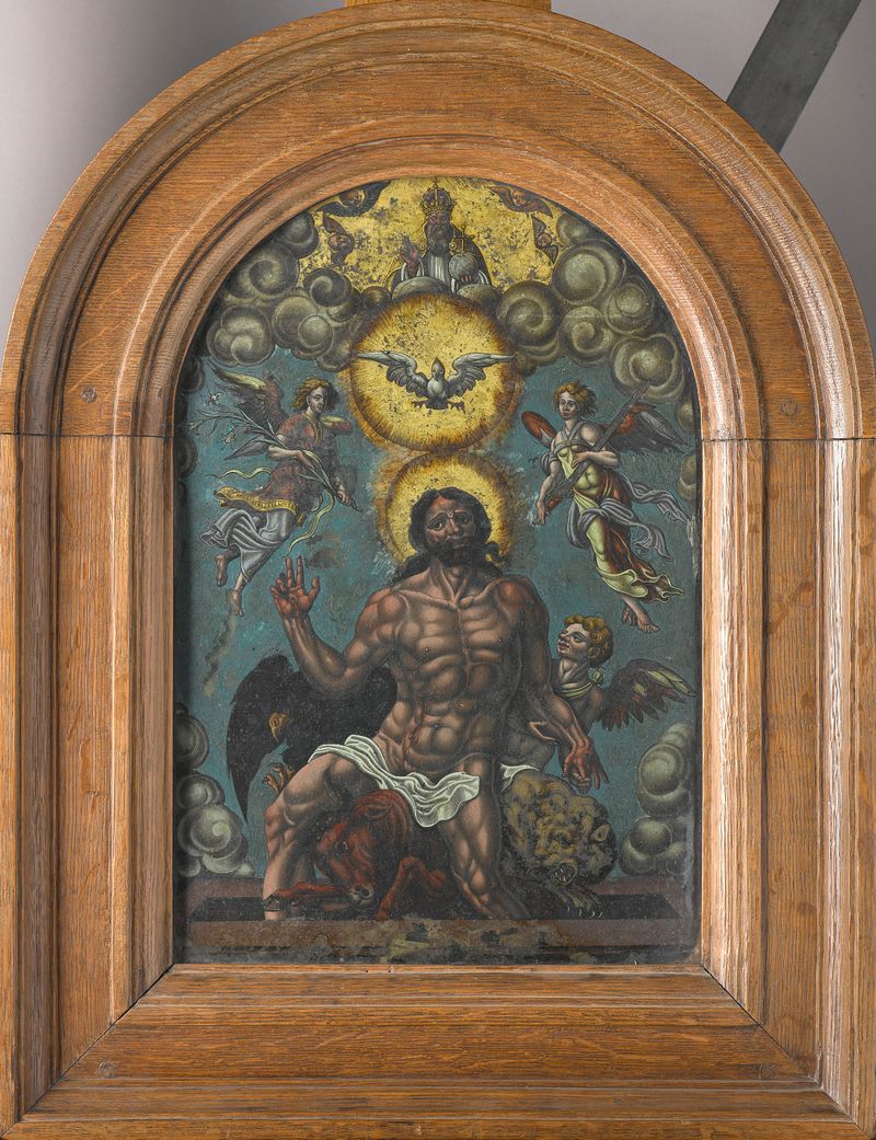 The Holy Trinity by Maarten van Heemskerck, glass artwork depicting divine figures with luminous light.