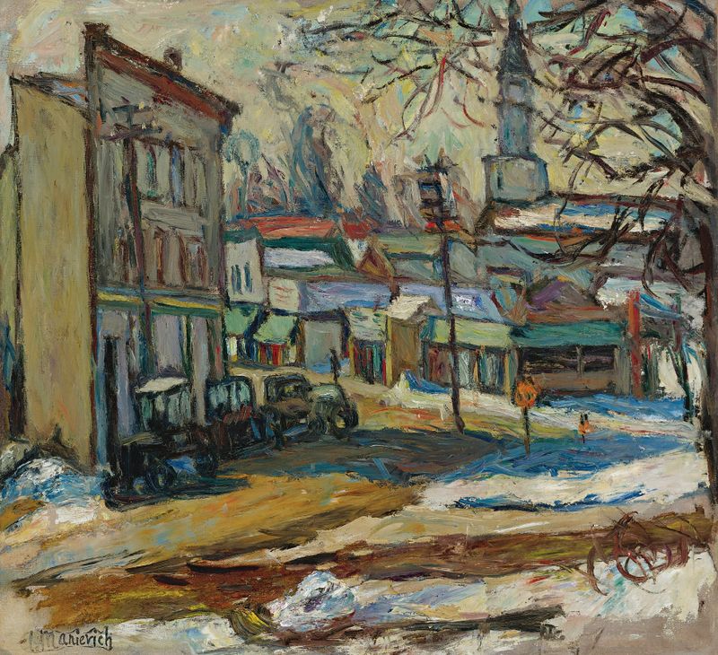 Bridgeport de Abraham Manievich, óleo sobre lienzo, paisaje vibrante con colores en espiral