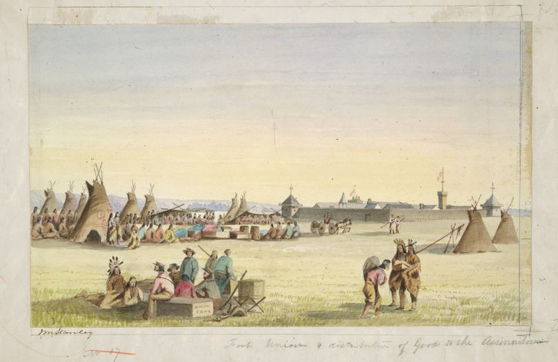 Fort Union and Distribution of Goods to the Assiniboins, oil on canvas by John Mix Stanley