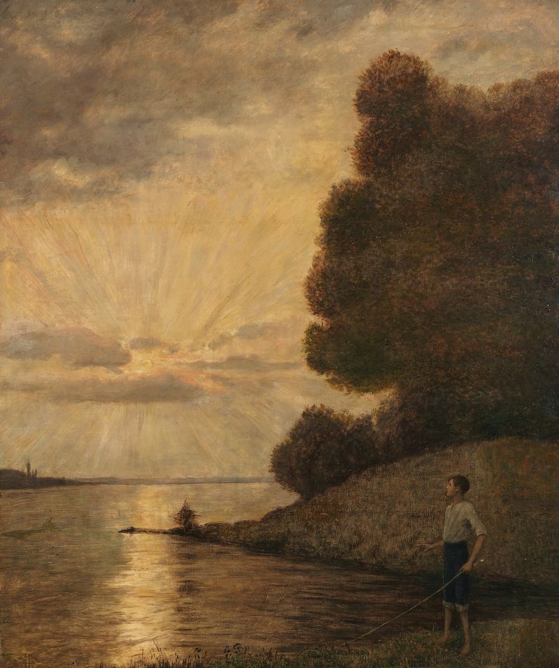 Sonnenuntergang am Oberrhein, oil on canvas by Hans Thoma, depicting a sunset over a river and hills.