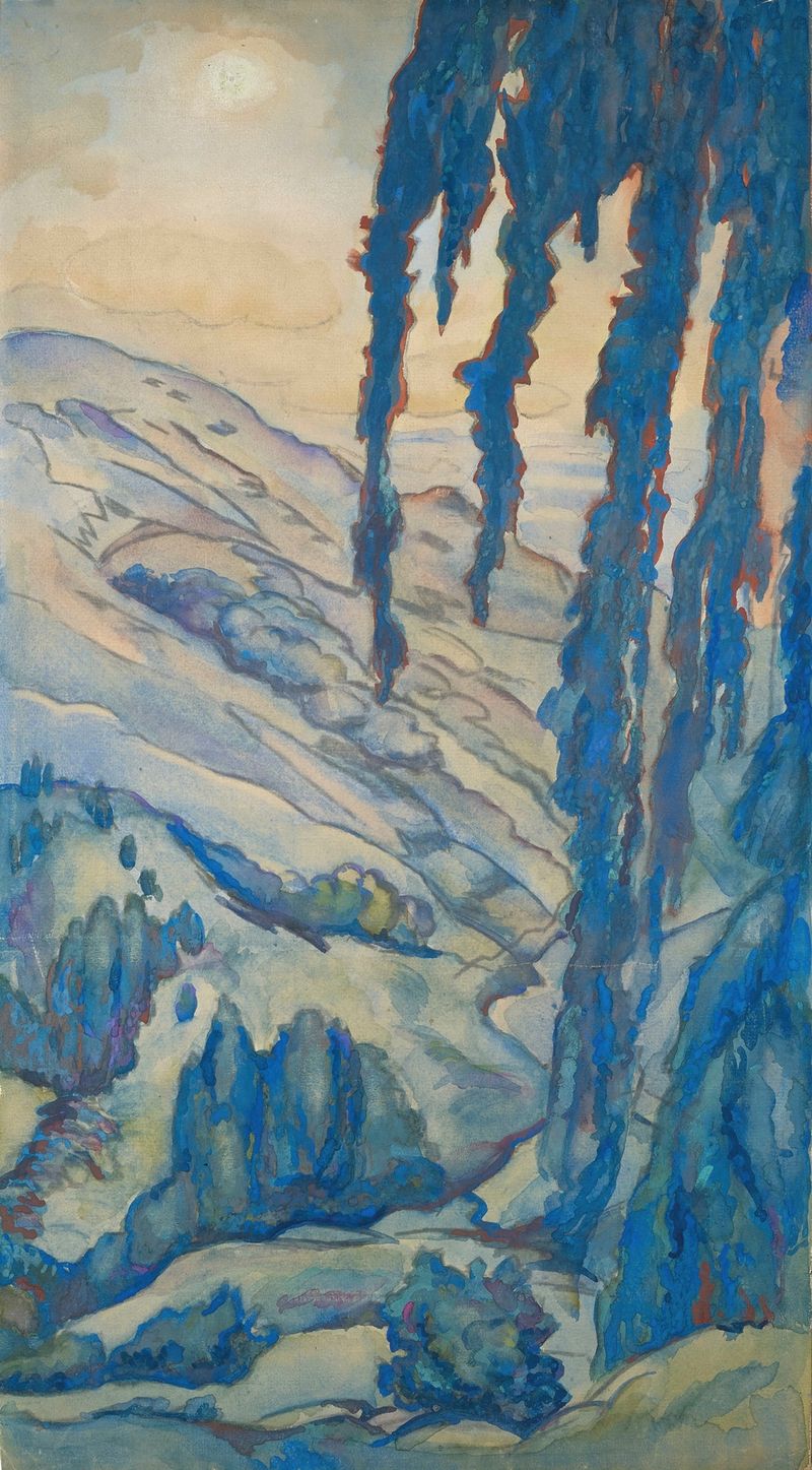 Paisagem de Léon Bakst, óleo sobre tela representando colinas e luz suave.