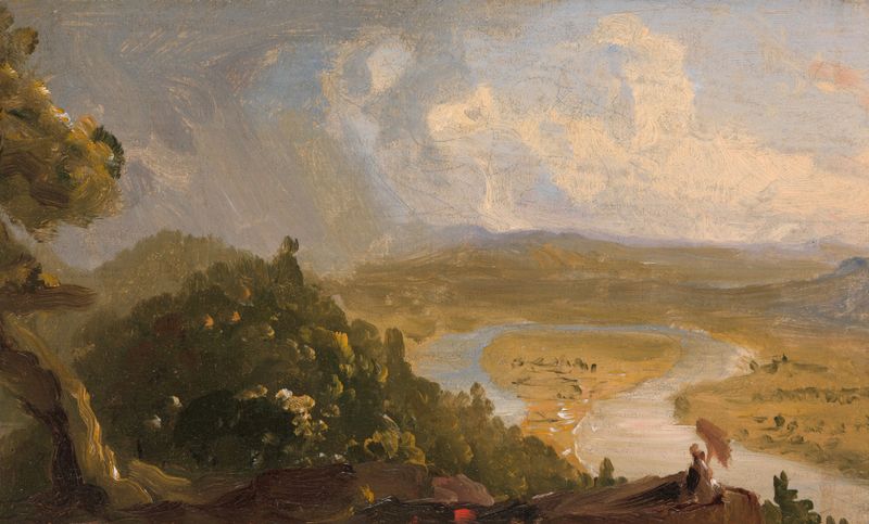 Landscape with stormy sky and calm river, oil painting by Thomas Cole