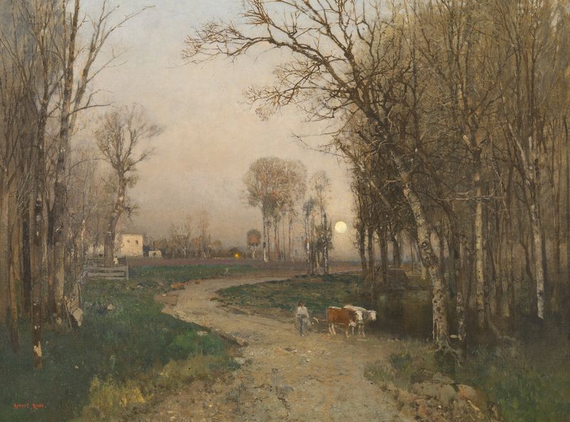 Penzinger Au by Robert Russ, oil on canvas depicting a tranquil river landscape.