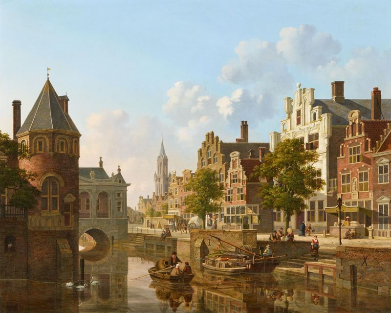 Genre scene depicting a canal in a Dutch town by Jan Hendrik Verheyen, oil painting