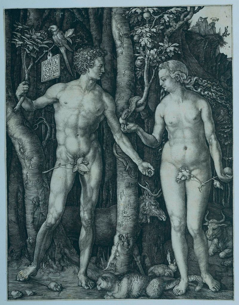 Engraving by Albrecht Dürer depicting Adam and Eve entwined in nature.