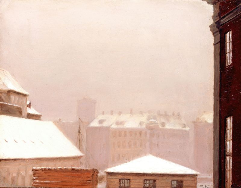 Winter landscape with snow-covered rooftops, oil on canvas by Peder Severin Krøyer