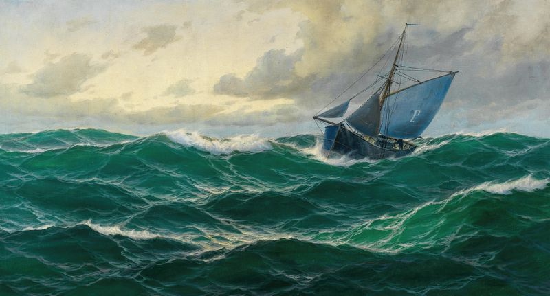 Marine scene with waves in cerulean and turquoise by Max Jensen, expressionism