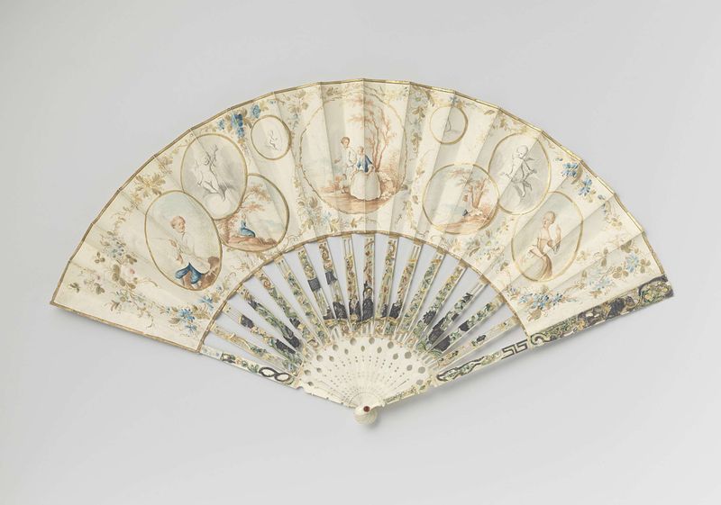 Leque decorativo com nove medalhões, pintura em couro, Unknown Artist