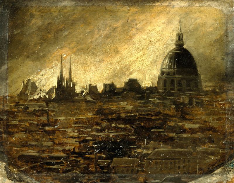 Historical scene of ruins and fire by Jules Girardet, oil painting, 1871