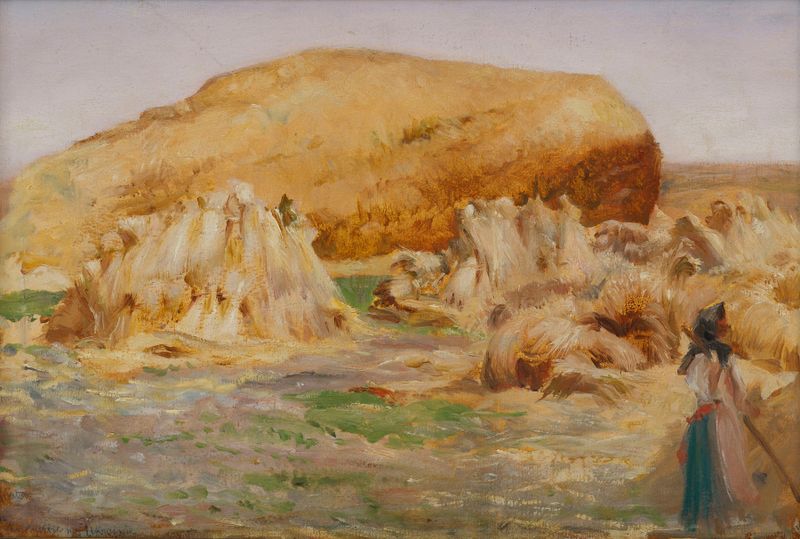 Escena de género que muestra a trabajadores cosechando bajo luz dorada, pintura al óleo de Stanisław Batowski-Kaczor