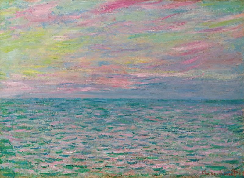 Coucher De Soleil À Pourville, Pleine Mer de Claude Monet, óleo que muestra un atardecer sobre el mar.