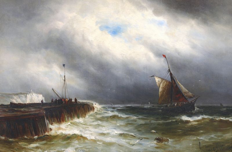 Barcos de pesca en el océano, pintura al óleo de Gustave de Breanski
