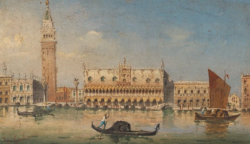 Venice landscape with Campanile, St Mark’s Columns, and Palazzo Ducale, oil on canvas by Marco Grubas.