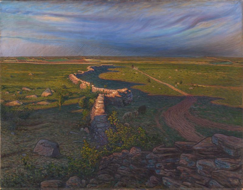 Paisaje de Nils Kreuger, óleo sobre lienzo que representa campos verdes y luz cálida